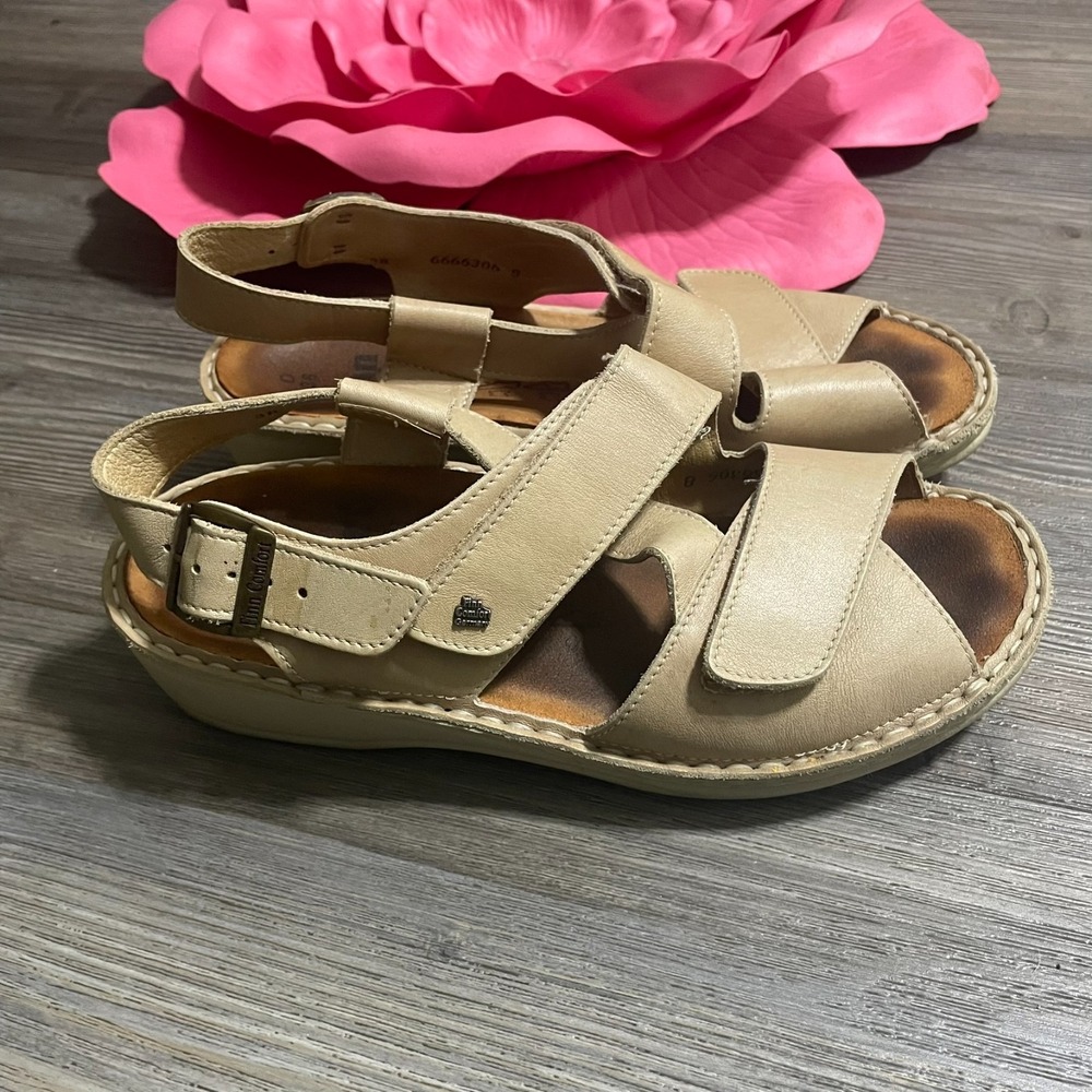 FINN COMFORT Sandals Sz 38 D/US7.5-8 Jersey Slingback Bone Buckle Peep Toe Wedge